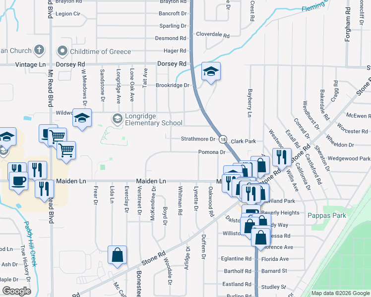 map of restaurants, bars, coffee shops, grocery stores, and more near 147 Pomona Drive in Rochester