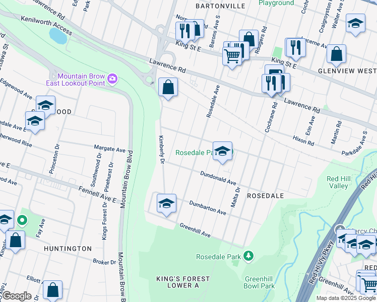 map of restaurants, bars, coffee shops, grocery stores, and more near 176 Rosedale Avenue in Hamilton
