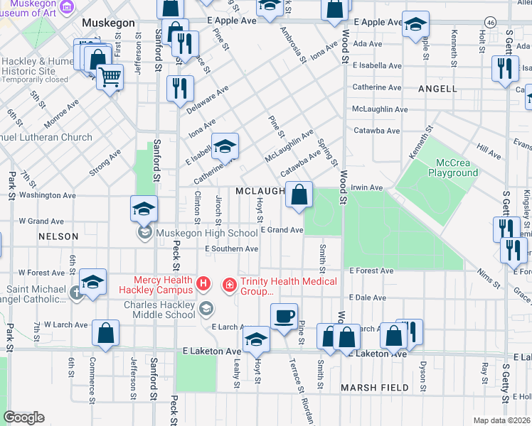 map of restaurants, bars, coffee shops, grocery stores, and more near 1479 Hoyt Street in Muskegon