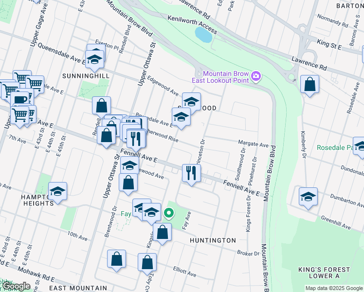 map of restaurants, bars, coffee shops, grocery stores, and more near 142 Sherwood Rise in Hamilton