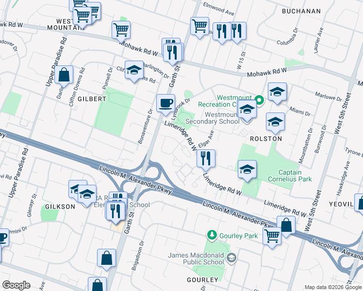 map of restaurants, bars, coffee shops, grocery stores, and more near 11 Britten Close in Hamilton