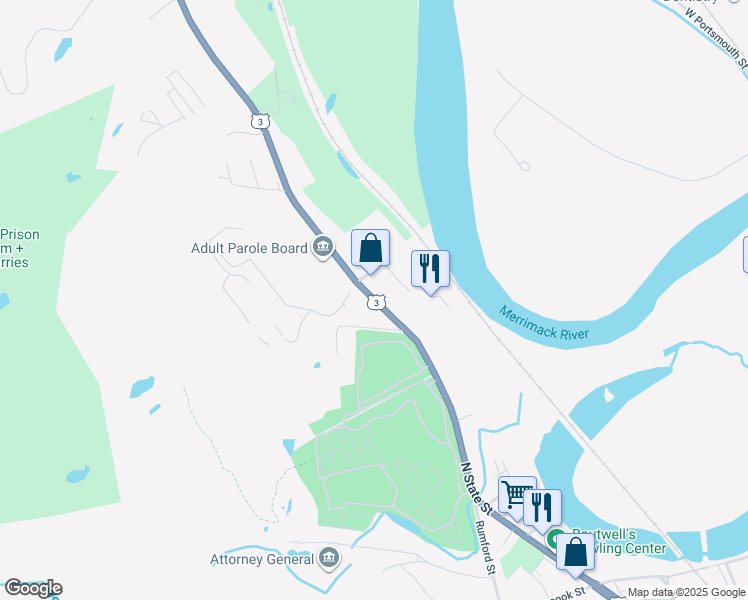 map of restaurants, bars, coffee shops, grocery stores, and more near North State Street in Concord