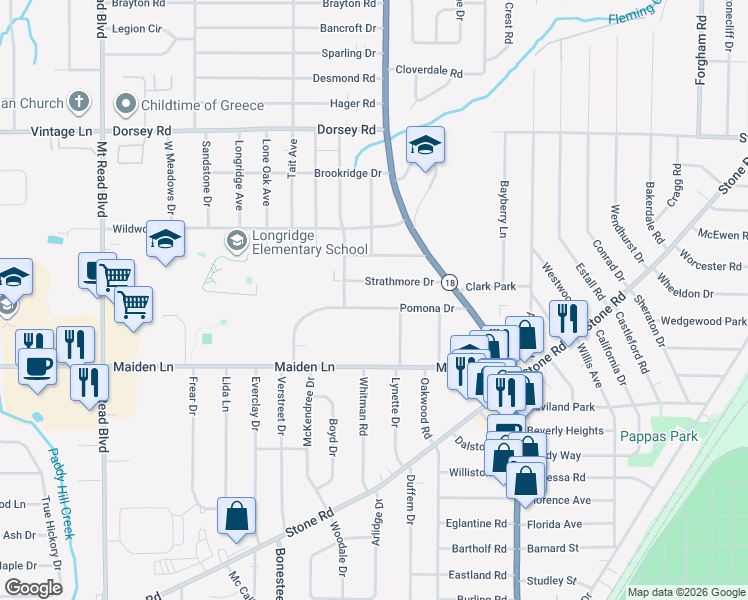 map of restaurants, bars, coffee shops, grocery stores, and more near 147 Pomona Drive in Rochester