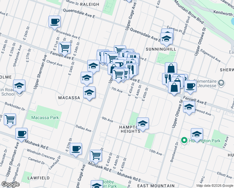 map of restaurants, bars, coffee shops, grocery stores, and more near 302 East 42nd Street in Hamilton