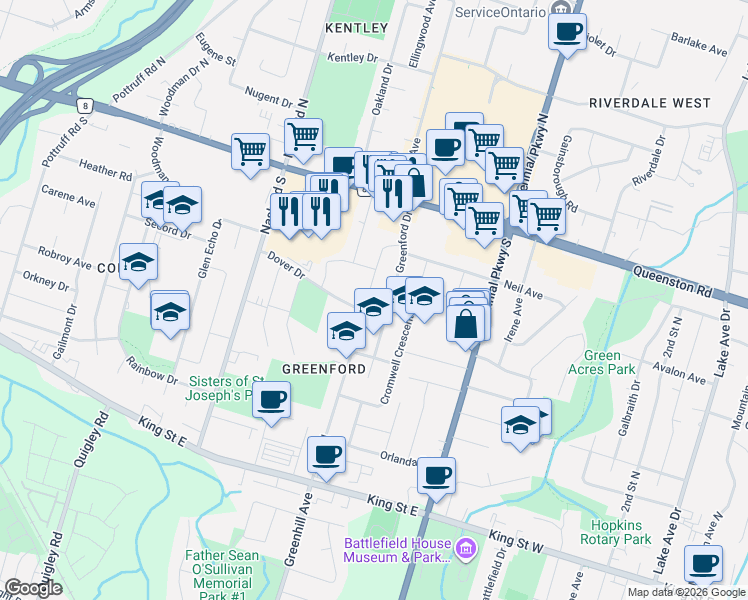 map of restaurants, bars, coffee shops, grocery stores, and more near 63 Champlain Avenue in Hamilton