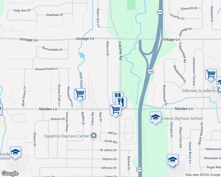 map of restaurants, bars, coffee shops, grocery stores, and more near 84 Mascot Drive in Rochester