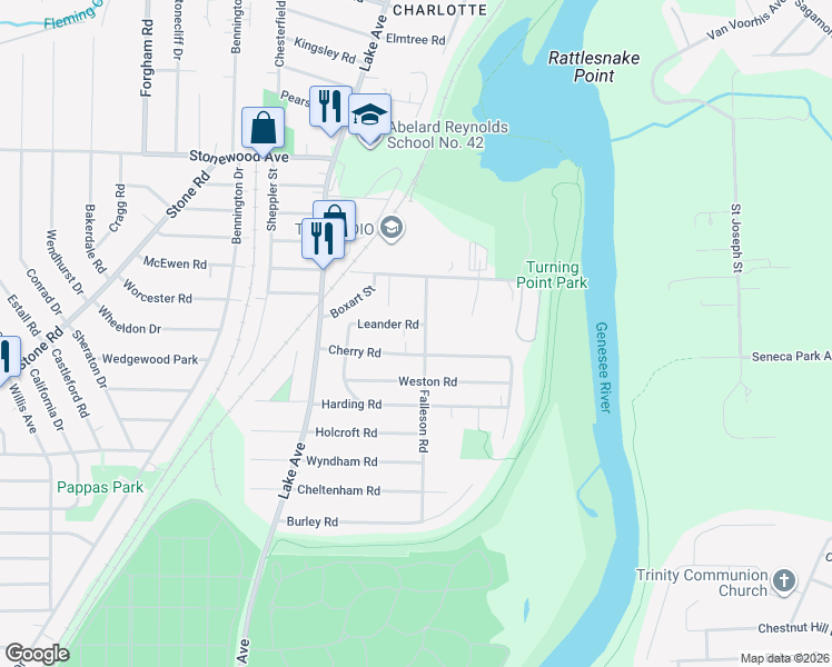 map of restaurants, bars, coffee shops, grocery stores, and more near 116 Cherry Road in Rochester