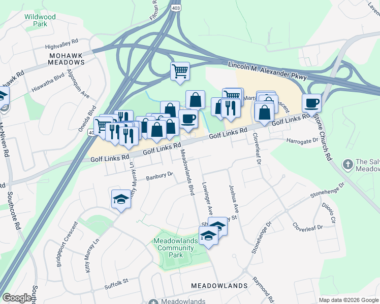 map of restaurants, bars, coffee shops, grocery stores, and more near 876 Golf Links Road in Hamilton