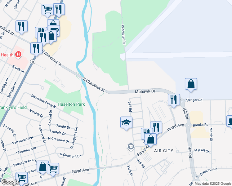 map of restaurants, bars, coffee shops, grocery stores, and more near Mohawk Drive in Rome