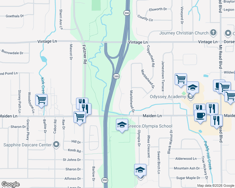 map of restaurants, bars, coffee shops, grocery stores, and more near 57 Old Pine Lane in Rochester