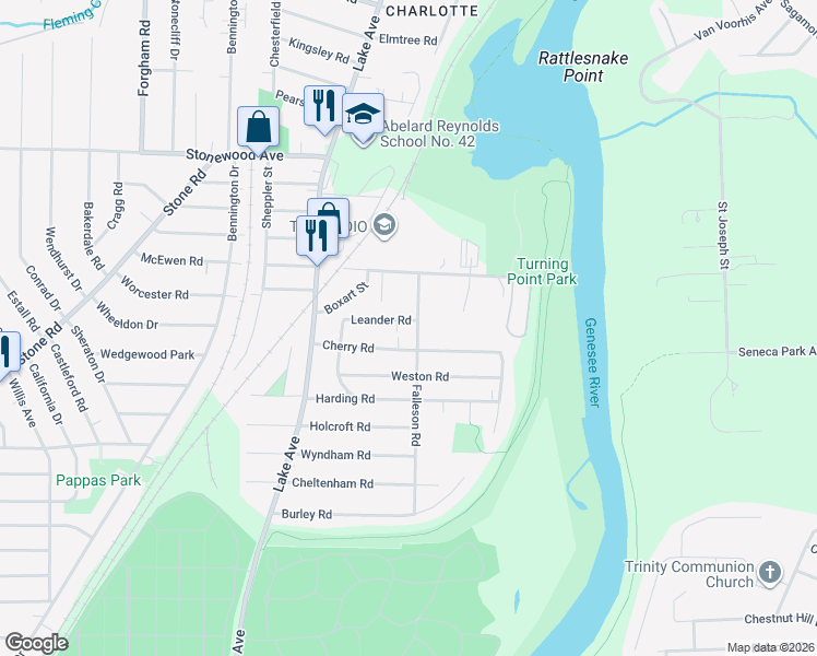 map of restaurants, bars, coffee shops, grocery stores, and more near 116 Cherry Road in Rochester