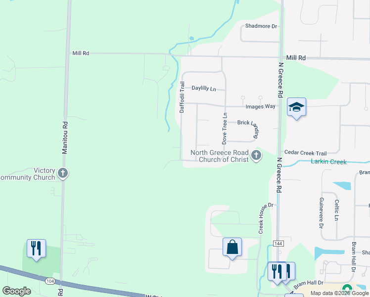 map of restaurants, bars, coffee shops, grocery stores, and more near 339 Daffodil Trail in Rochester