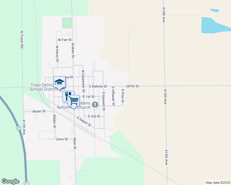 map of restaurants, bars, coffee shops, grocery stores, and more near 201-203 South Vilhauer Street in Tripp