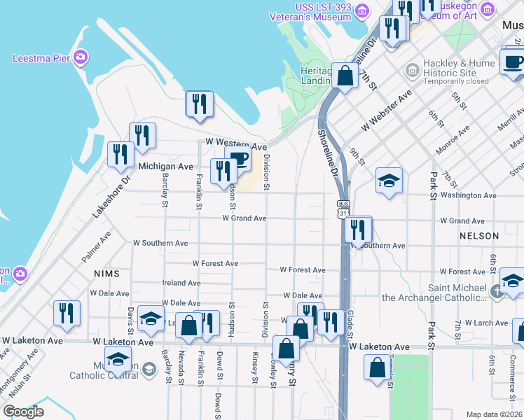 map of restaurants, bars, coffee shops, grocery stores, and more near 894 West Grand Avenue in Muskegon