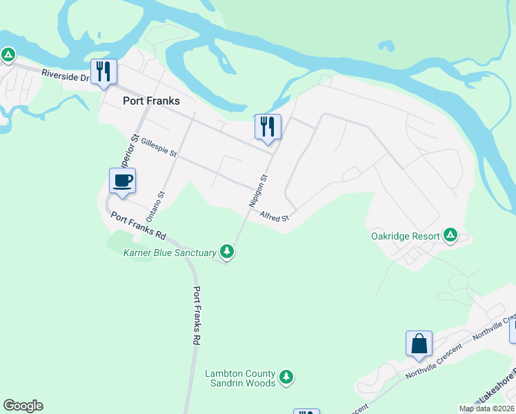 map of restaurants, bars, coffee shops, grocery stores, and more near 7706 Alfred Street in Port Franks