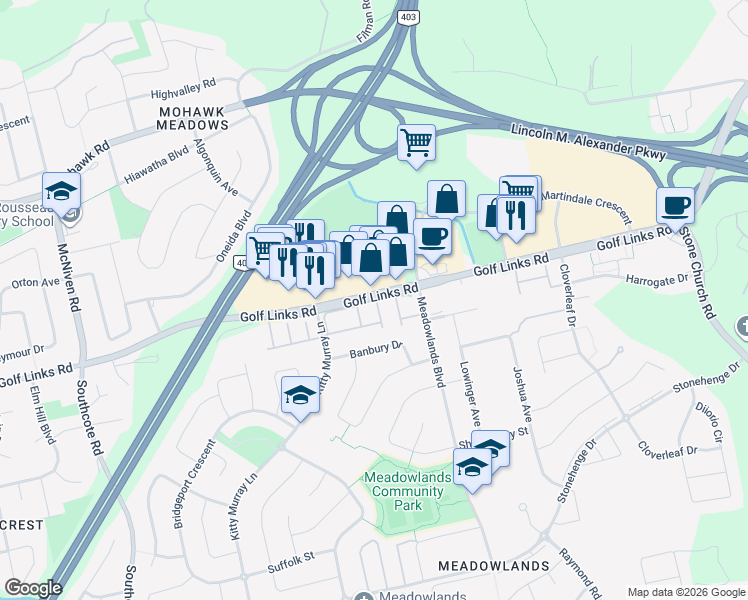 map of restaurants, bars, coffee shops, grocery stores, and more near 805 Golf Links Road in Hamilton