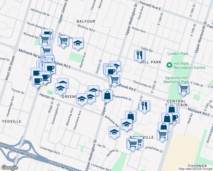 map of restaurants, bars, coffee shops, grocery stores, and more near 150 Mohawk Road East in Hamilton