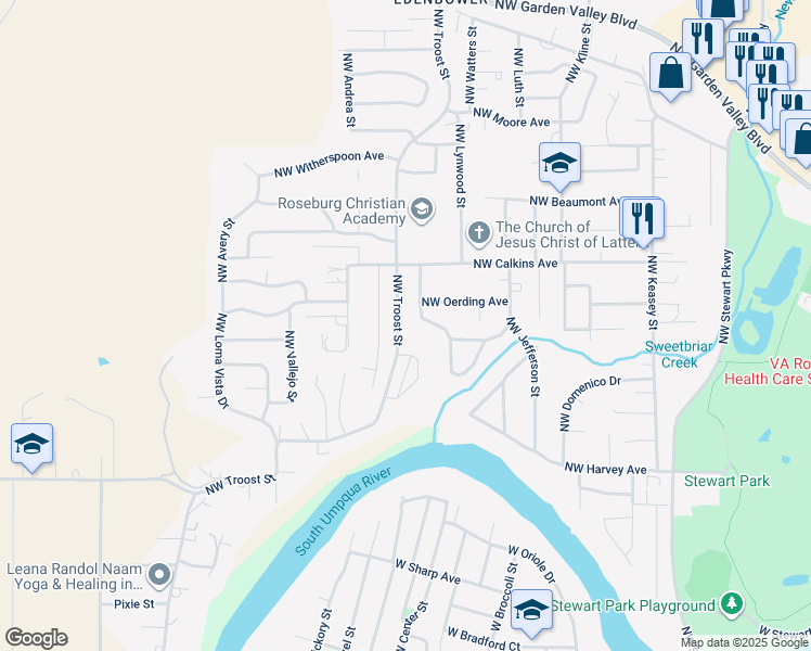 map of restaurants, bars, coffee shops, grocery stores, and more near 1463 Northwest Troost Street in Roseburg