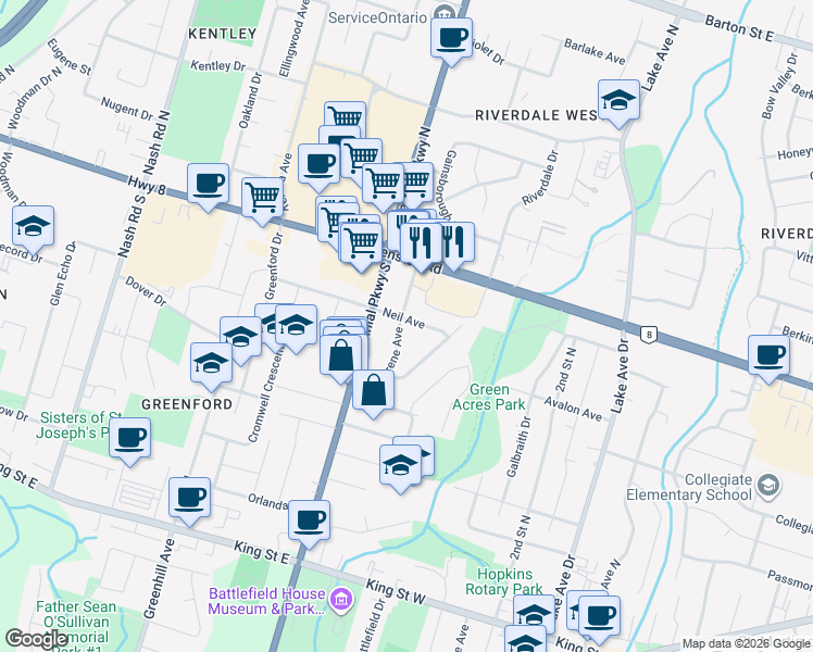 map of restaurants, bars, coffee shops, grocery stores, and more near 69 Neil Avenue in Hamilton