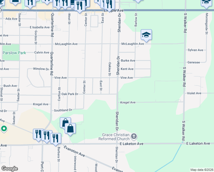 map of restaurants, bars, coffee shops, grocery stores, and more near 1476 Oaklea Street in Muskegon