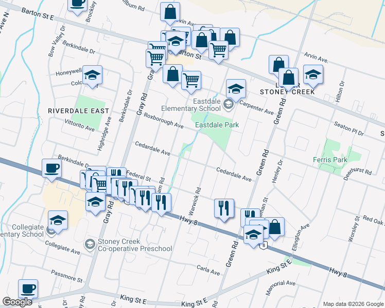 map of restaurants, bars, coffee shops, grocery stores, and more near 221 Cedardale Avenue in Hamilton