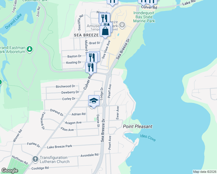 map of restaurants, bars, coffee shops, grocery stores, and more near 438 Peart Avenue in Irondequoit