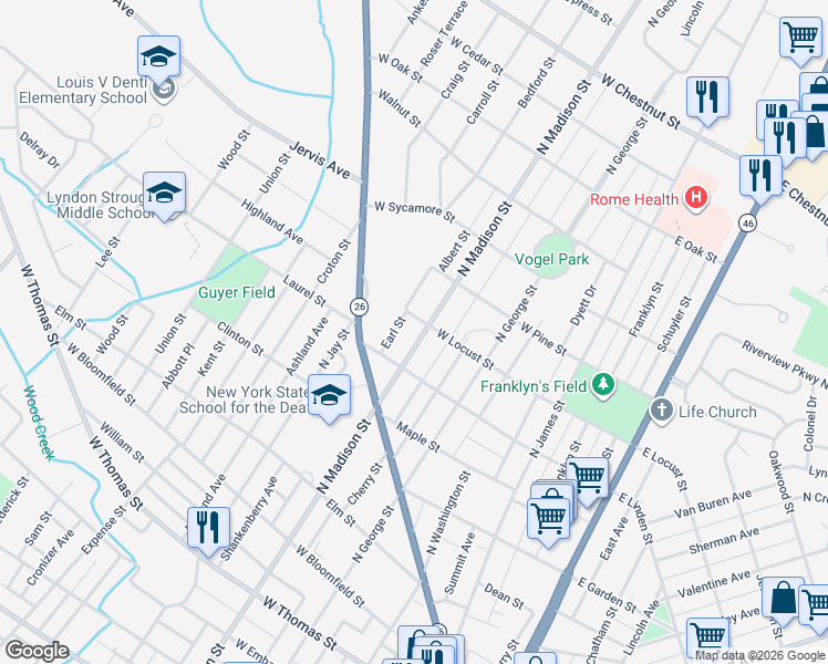 map of restaurants, bars, coffee shops, grocery stores, and more near 1006 North Madison Street in Rome