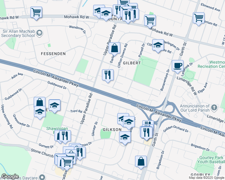 map of restaurants, bars, coffee shops, grocery stores, and more near 288 Clifton Downs Road in Hamilton