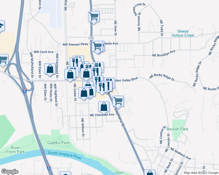 map of restaurants, bars, coffee shops, grocery stores, and more near 1251 Northeast Stephens Street in Roseburg