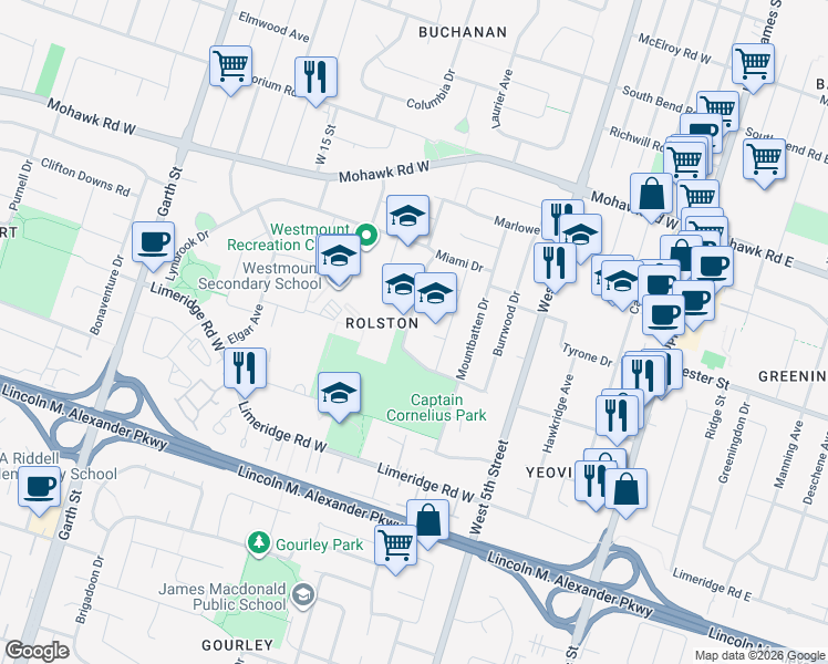 map of restaurants, bars, coffee shops, grocery stores, and more near 79 Rolston Drive in Hamilton
