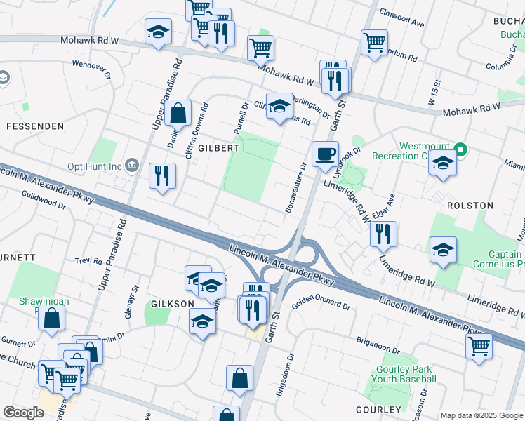map of restaurants, bars, coffee shops, grocery stores, and more near 8 Caroga Court in Hamilton