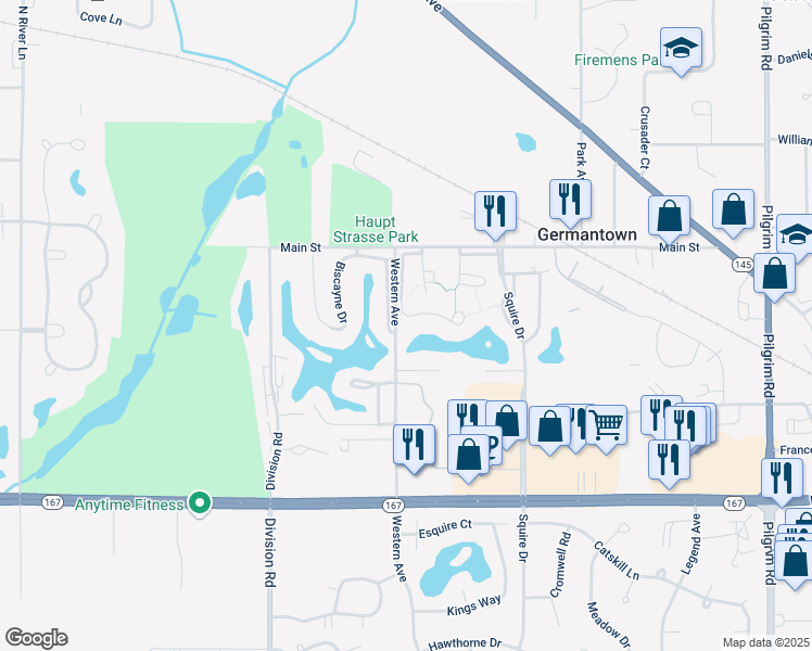 map of restaurants, bars, coffee shops, grocery stores, and more near N114W16771 Royal Court in Germantown