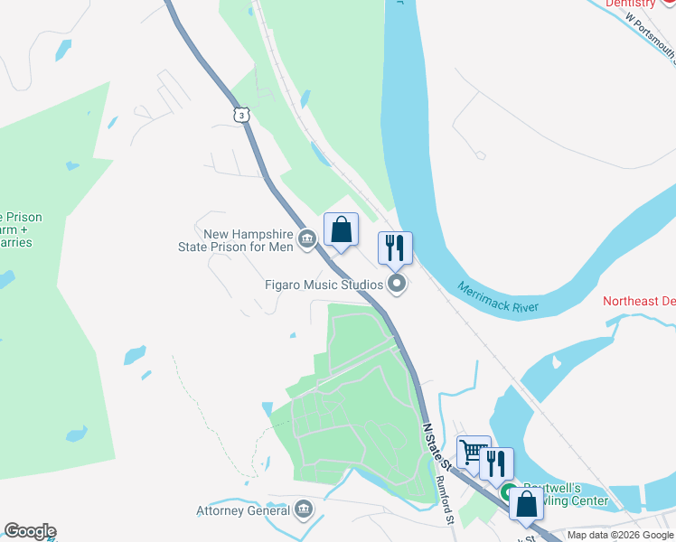 map of restaurants, bars, coffee shops, grocery stores, and more near North State Street in Concord