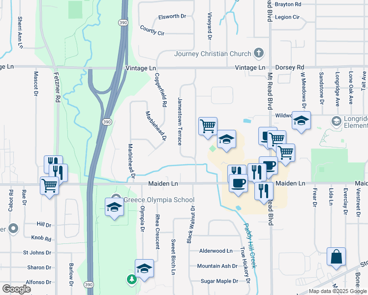 map of restaurants, bars, coffee shops, grocery stores, and more near 53 Jamestown Terrace in Rochester