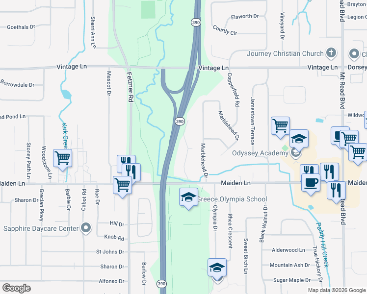 map of restaurants, bars, coffee shops, grocery stores, and more near 57 Old Pine Lane in Rochester