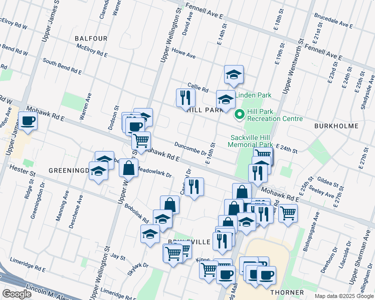 map of restaurants, bars, coffee shops, grocery stores, and more near 285 Mohawk Road East in Hamilton