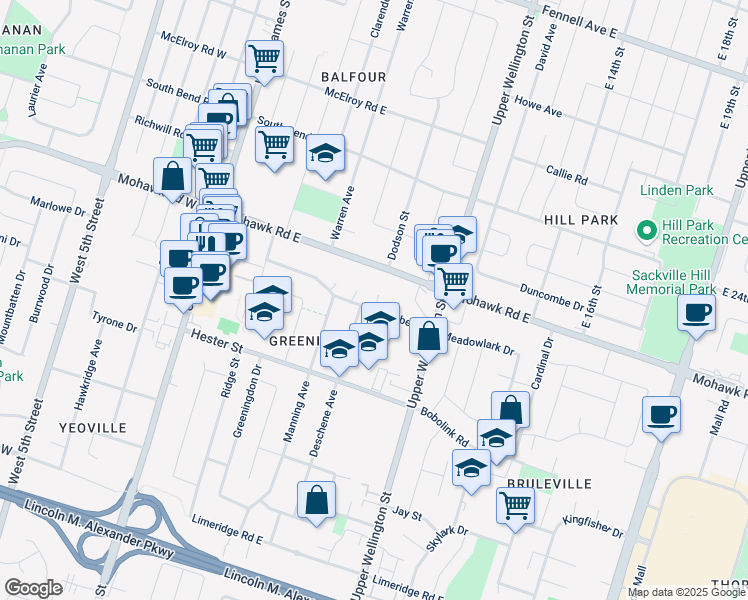 map of restaurants, bars, coffee shops, grocery stores, and more near 136 Luscombe Street in Hamilton