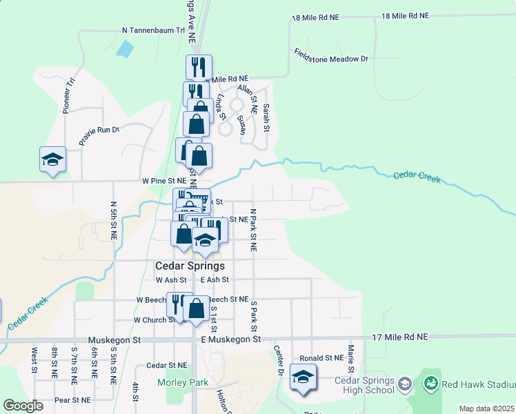 map of restaurants, bars, coffee shops, grocery stores, and more near 241 East Maple Street Northeast in Cedar Springs
