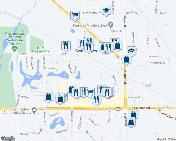 map of restaurants, bars, coffee shops, grocery stores, and more near N115W16055 Saxony Village Boulevard in Germantown