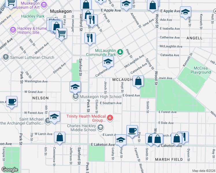 map of restaurants, bars, coffee shops, grocery stores, and more near 1477 Leahy Street in Muskegon
