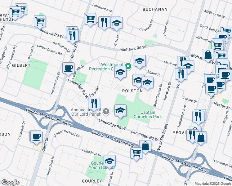 map of restaurants, bars, coffee shops, grocery stores, and more near 45 Montcalm Drive in Hamilton