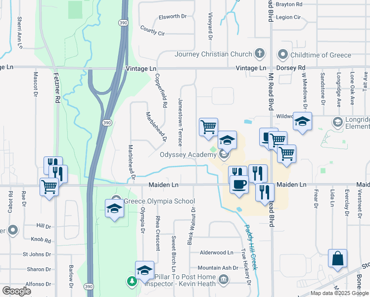map of restaurants, bars, coffee shops, grocery stores, and more near 53 Jamestown Terrace in Rochester