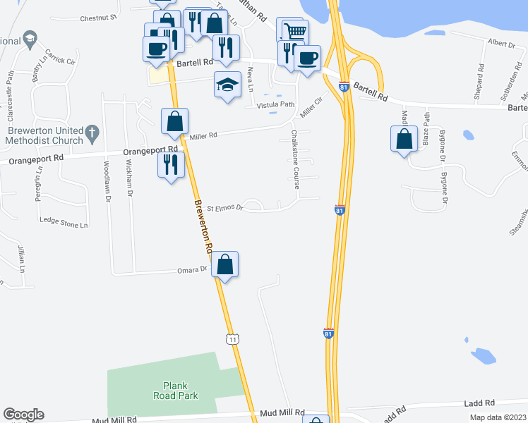 map of restaurants, bars, coffee shops, grocery stores, and more near 5540 Saint Elmos Drive in Brewerton