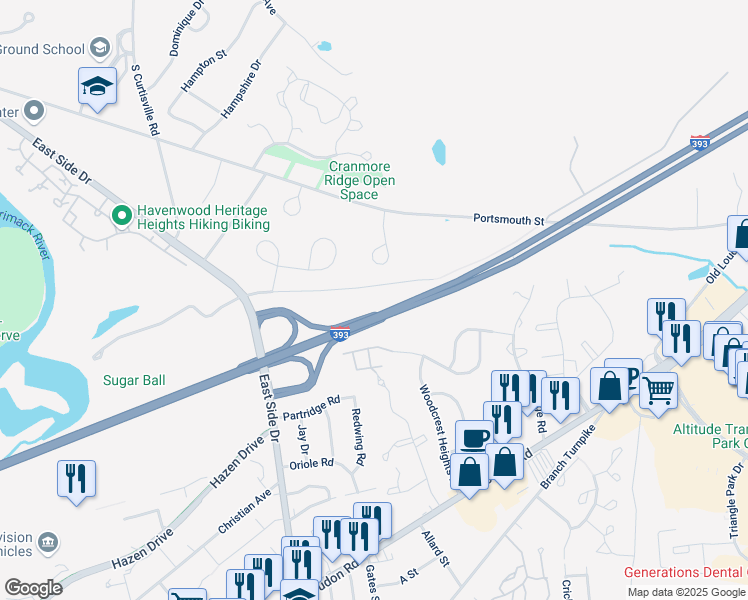 map of restaurants, bars, coffee shops, grocery stores, and more near 38 East Sugar Ball Road in Concord