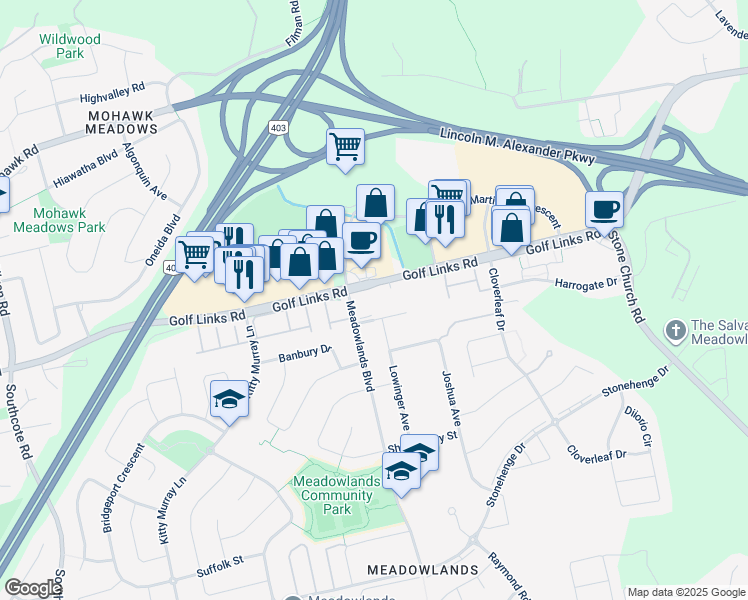 map of restaurants, bars, coffee shops, grocery stores, and more near 876 Golf Links Road in Hamilton