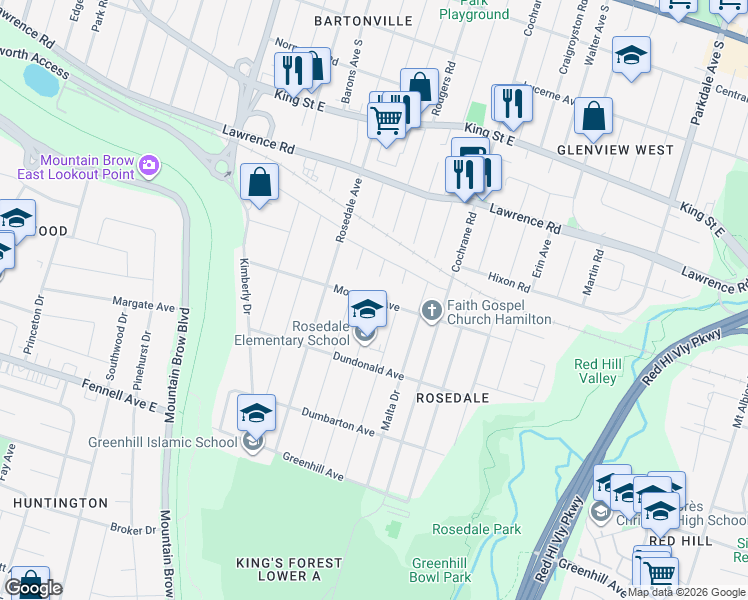 map of restaurants, bars, coffee shops, grocery stores, and more near Montrose Avenue in Hamilton