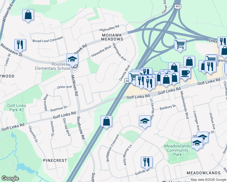 map of restaurants, bars, coffee shops, grocery stores, and more near 91 Oneida Boulevard in Hamilton