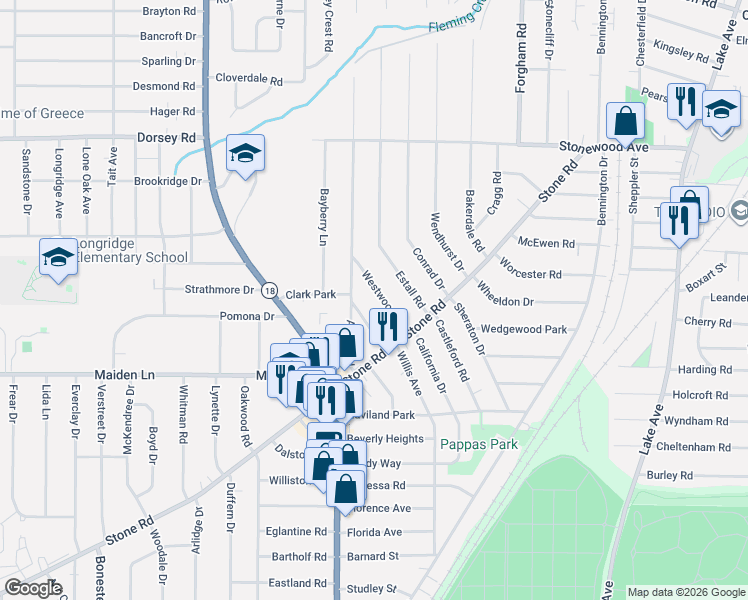 map of restaurants, bars, coffee shops, grocery stores, and more near 55 Willmae Road in Rochester