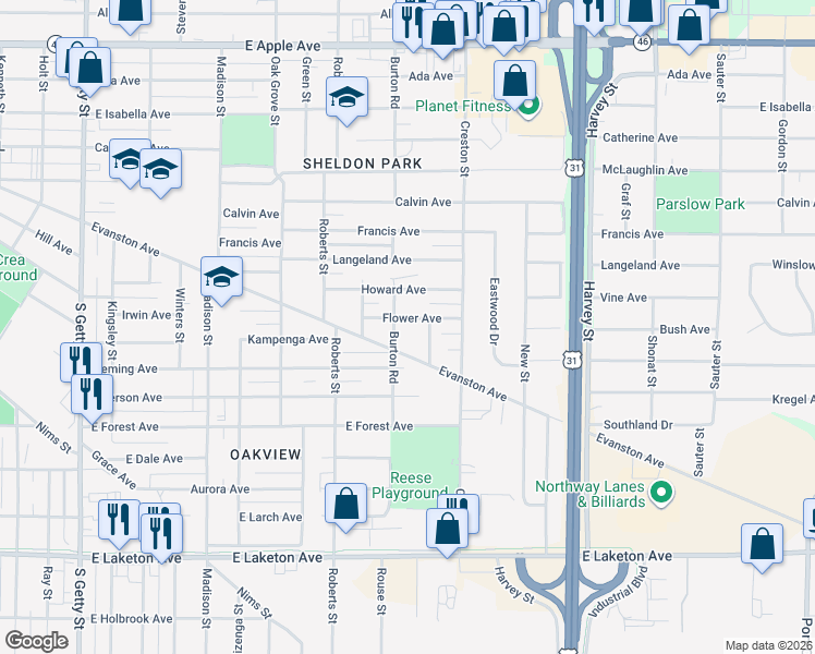 map of restaurants, bars, coffee shops, grocery stores, and more near 1467 Samburt Street in Muskegon