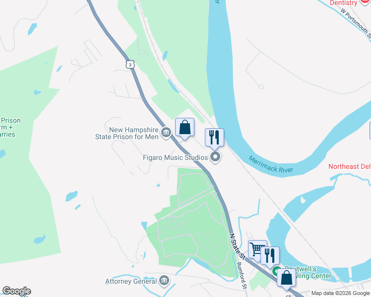 map of restaurants, bars, coffee shops, grocery stores, and more near 274 North State Street in Concord